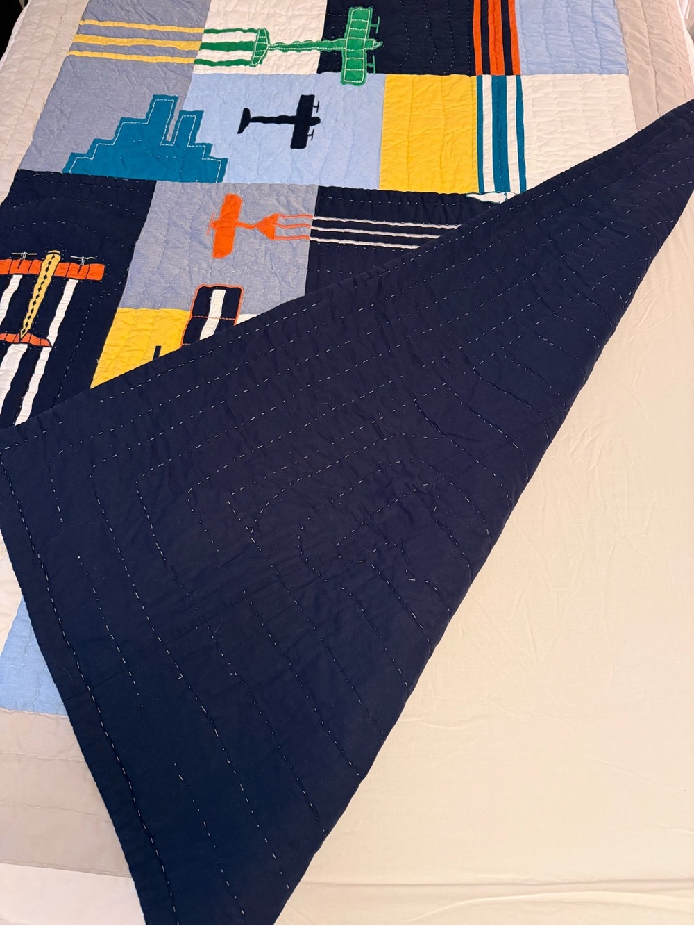 Pottery Barn Kids Airplane Patchwork Quilt - Blue, Green, Yellow, Gray - Picture 2 of 2